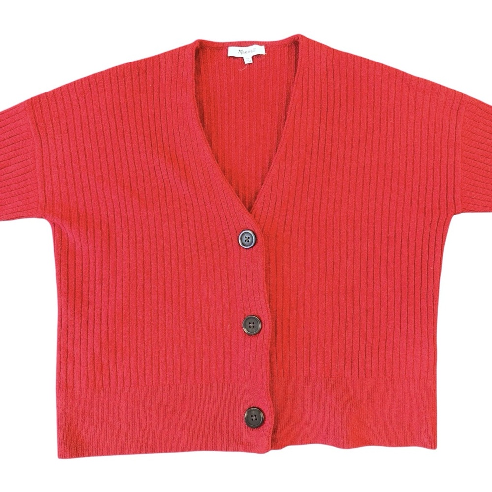 Madewell Red Ribbed Boxy 3 Button Wool Alpaca Blend Long Sleeve Cardigan Size XS - Picture 4 of 10